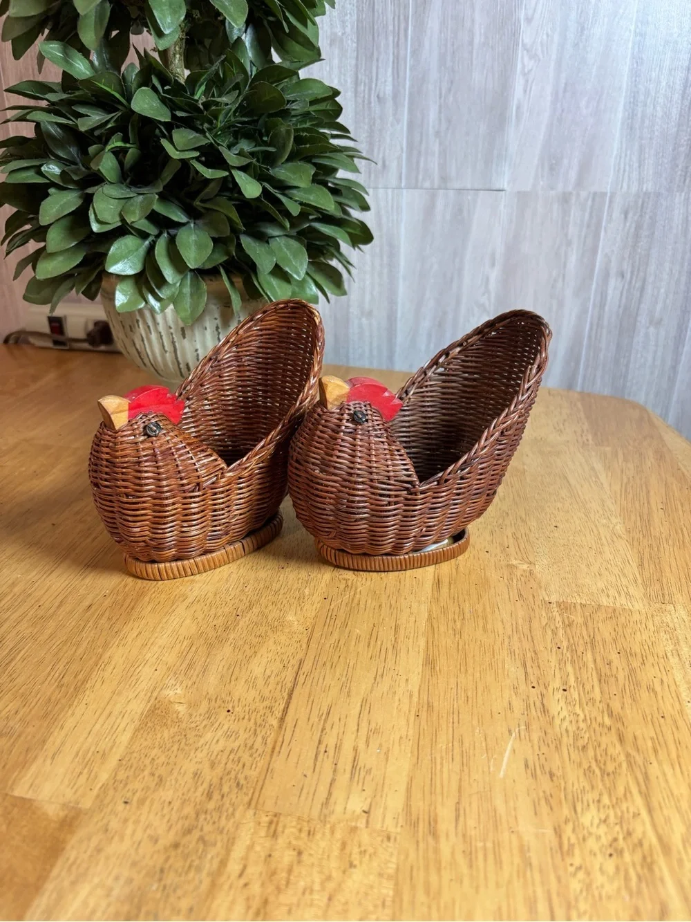 Vintage Pair of Mini Woven Wicker Chicken Baskets with Red Wooden Combs